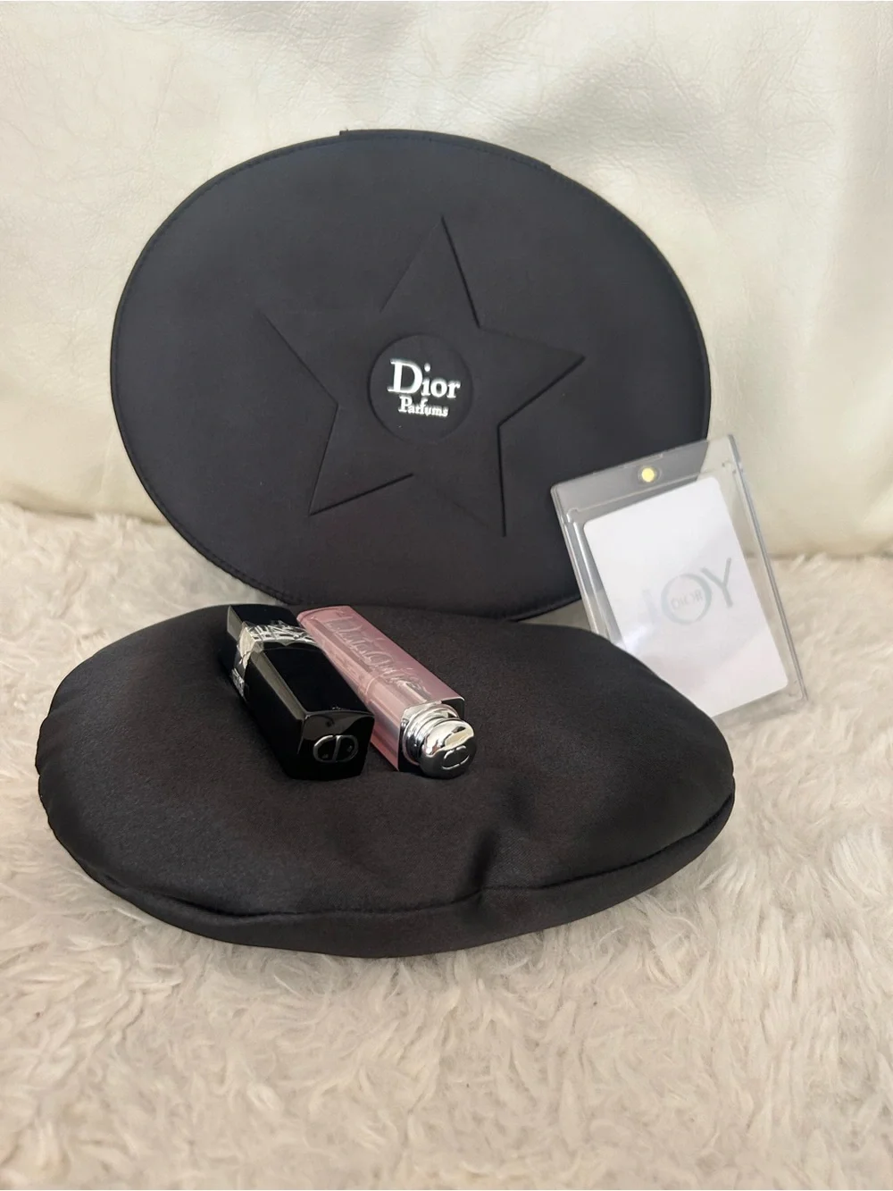 Dior Beauty Cosmetic Case w/ 915 Soft Burgundy & Lip Glow 004 Coral & JOY Card - Picture 6 of 6